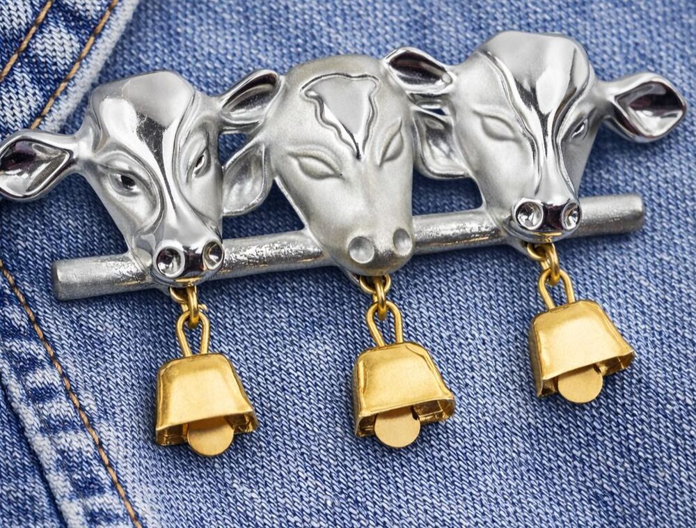 Cow Brooch Figural Farm Animal Pin Dangling Bells Silver Gold Tone Vintage
